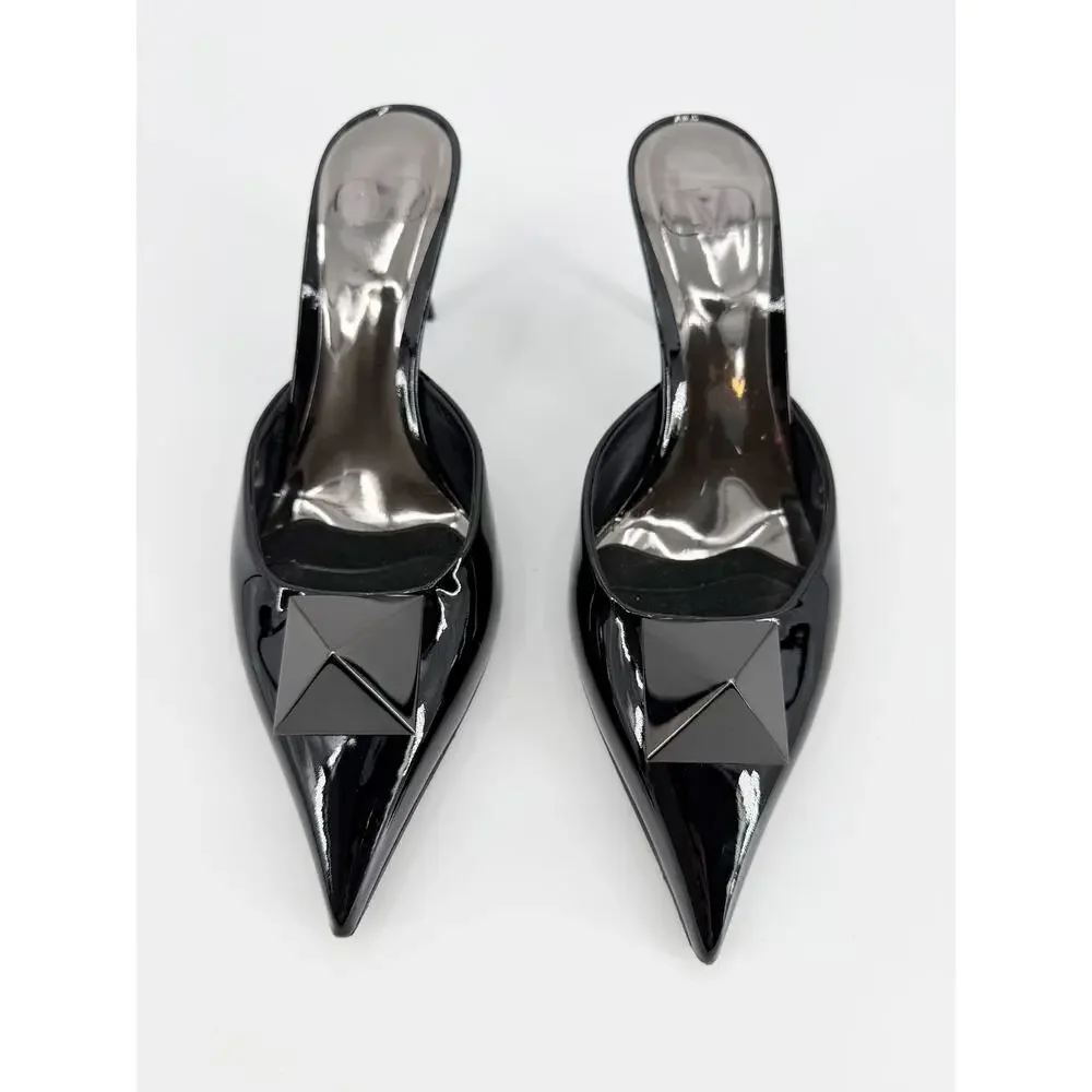 Valentino Garavani One Stud Black Patent Leather Mules Heels Size 39 EU 8.5